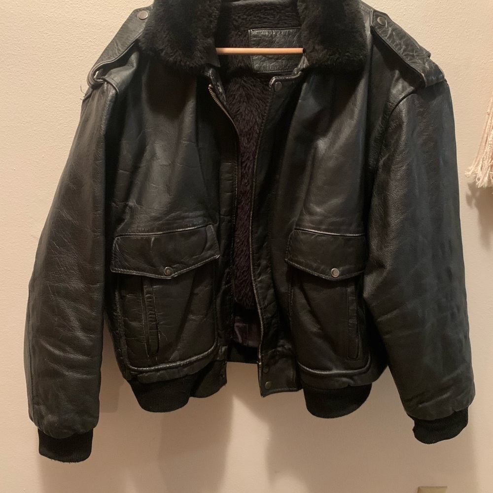Black Leather Bomber Jacket with Fur Collar